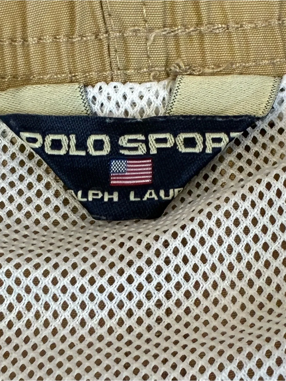 Vintage Polo Sport Ralph Lauren Swim Shorts Mens XL Beige Mesh Lined Pony Logo